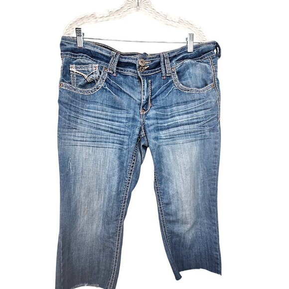 Vintage 90s Y2K Hydraulic Flap Pocket Size 18 Raw Hem Capri Denim Jeans - Picture 1 of 12